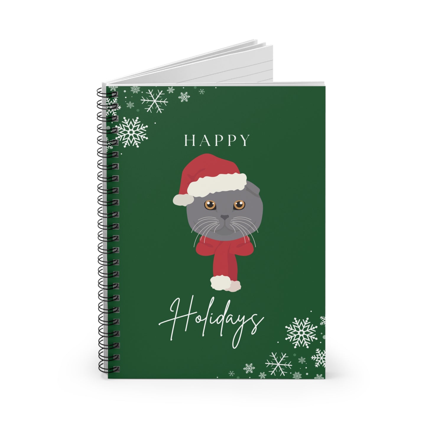 Happy Holidays Scottish Fold Cat College Ruled Spiral Notebook