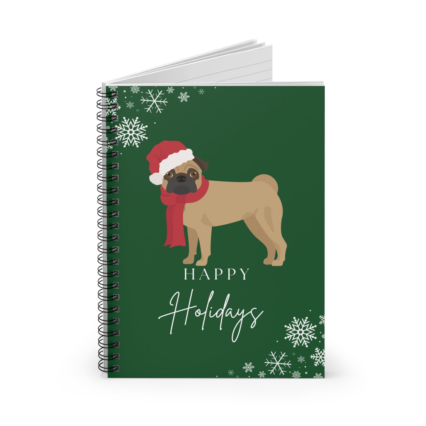 Happy Holidays Pug College Ruled Spiral Notebook
