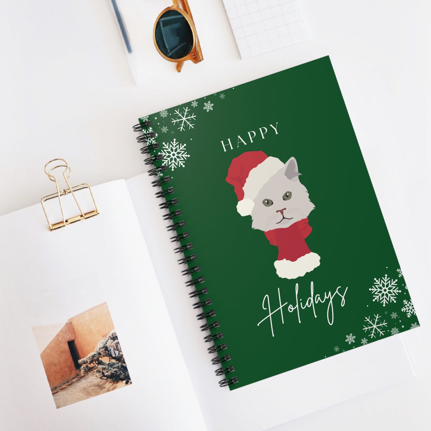 Happy Holidays Turkish Angora Cat College Ruled Spiral Notebook