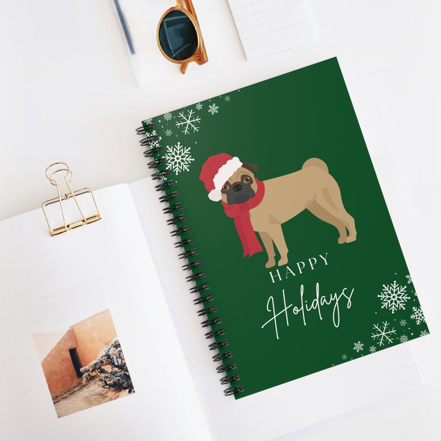 Happy Holidays Pug College Ruled Spiral Notebook