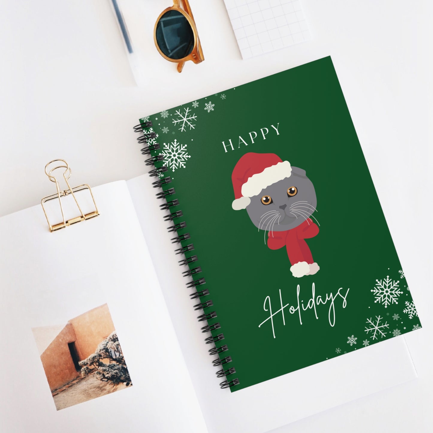 Happy Holidays Scottish Fold Cat College Ruled Spiral Notebook