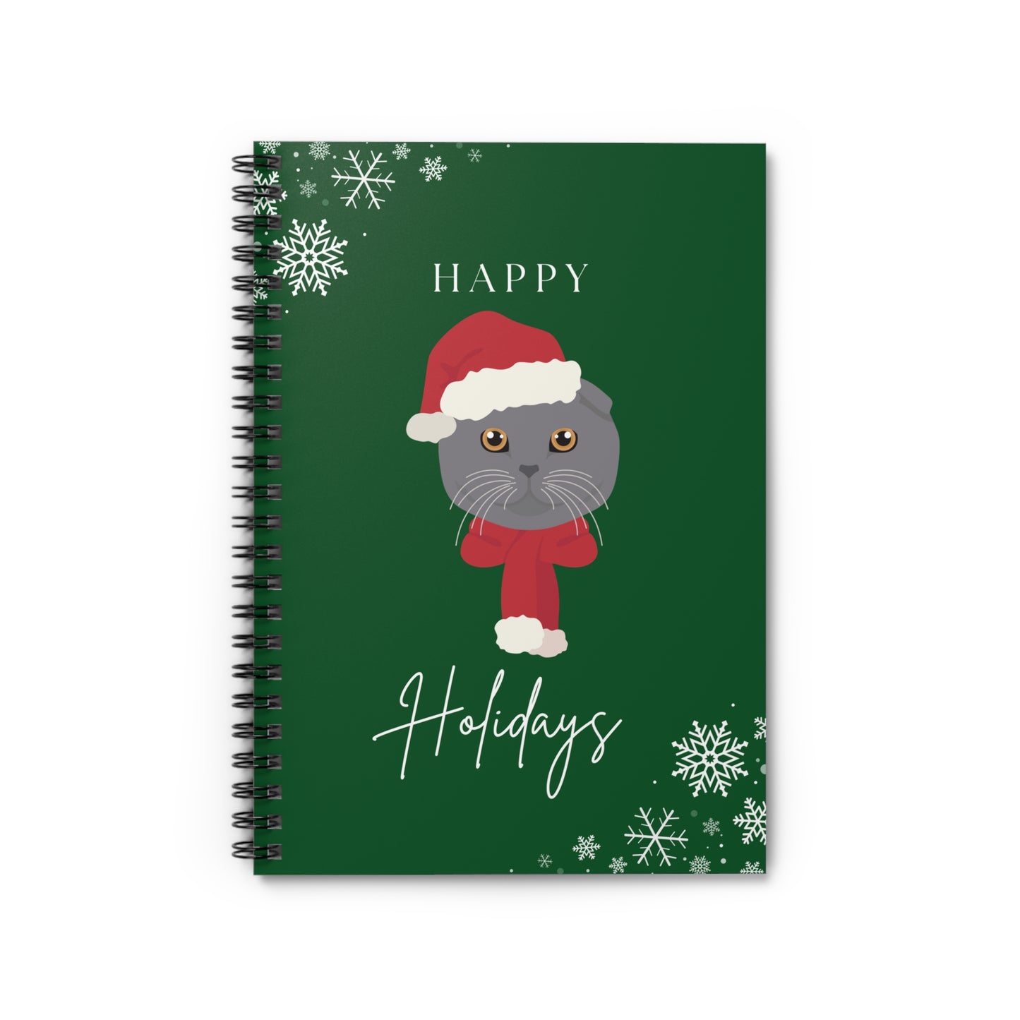 Happy Holidays Scottish Fold Cat College Ruled Spiral Notebook