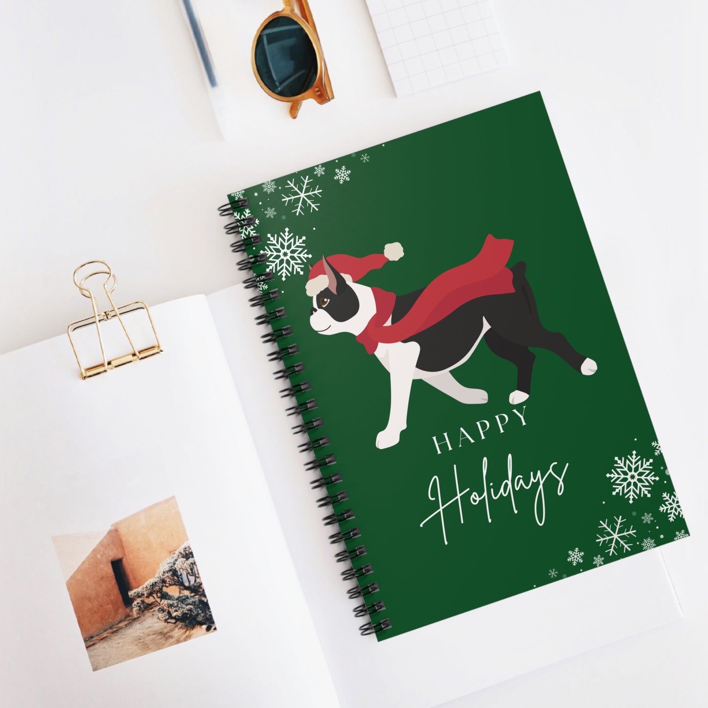 Happy Holidays Boston Terrier College Ruled Spiral Notebook