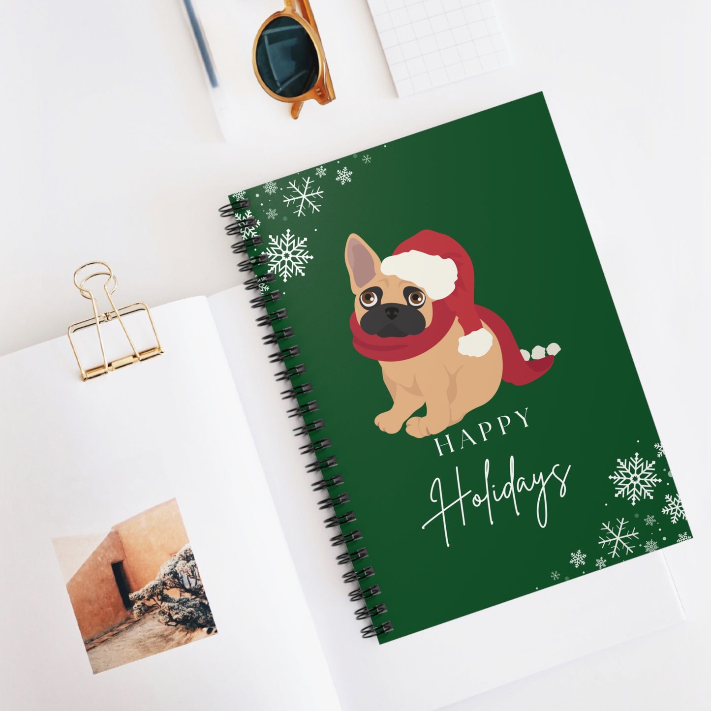 Happy Holidays French Bulldog College Ruled Spiral Notebook