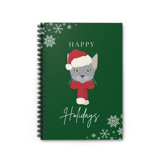 Happy Holidays Russian Blue Cat College Ruled Spiral Notebook